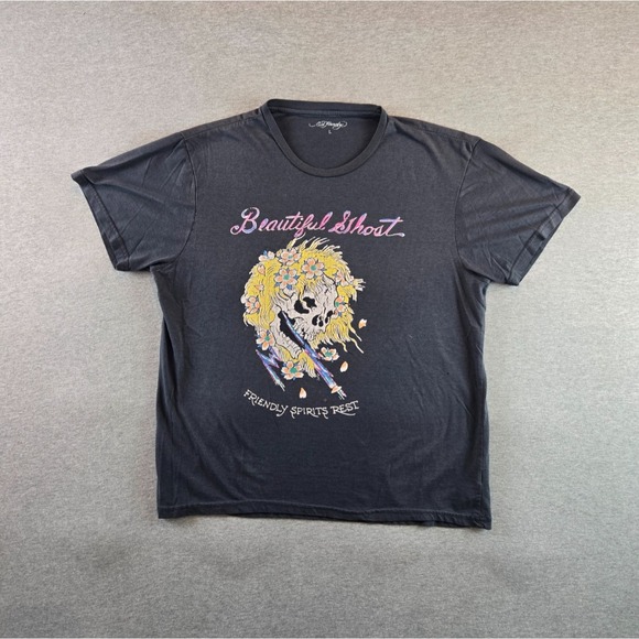 Ed Hardy Other - Ed Hardy Shirt Mens L Faded Black Yellow Hair Skull Top Rock Floral Rainbow